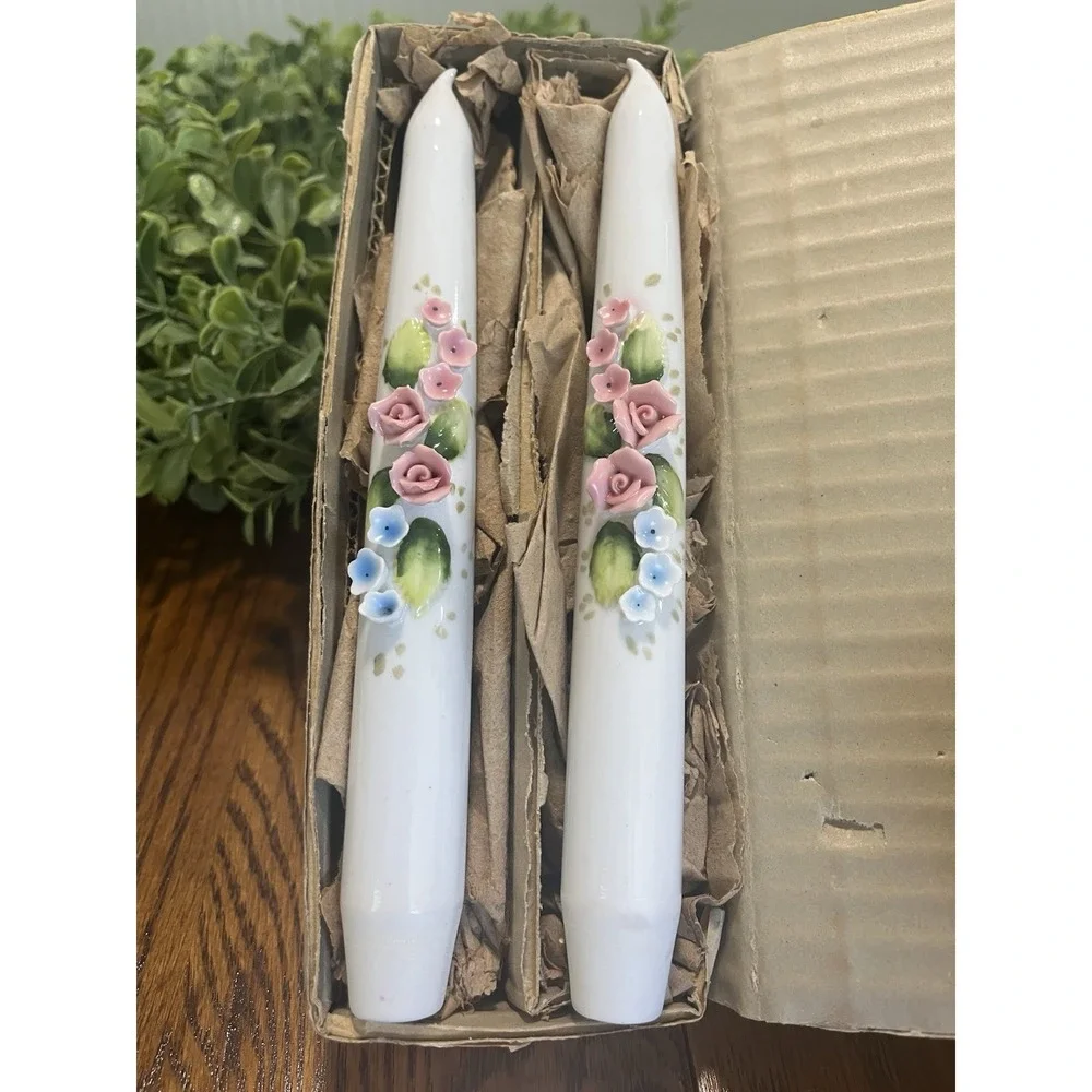 Vintage Vcagco Cermics  Floral Candles Porcelain Set Of 2 Made in JAPAN EUC